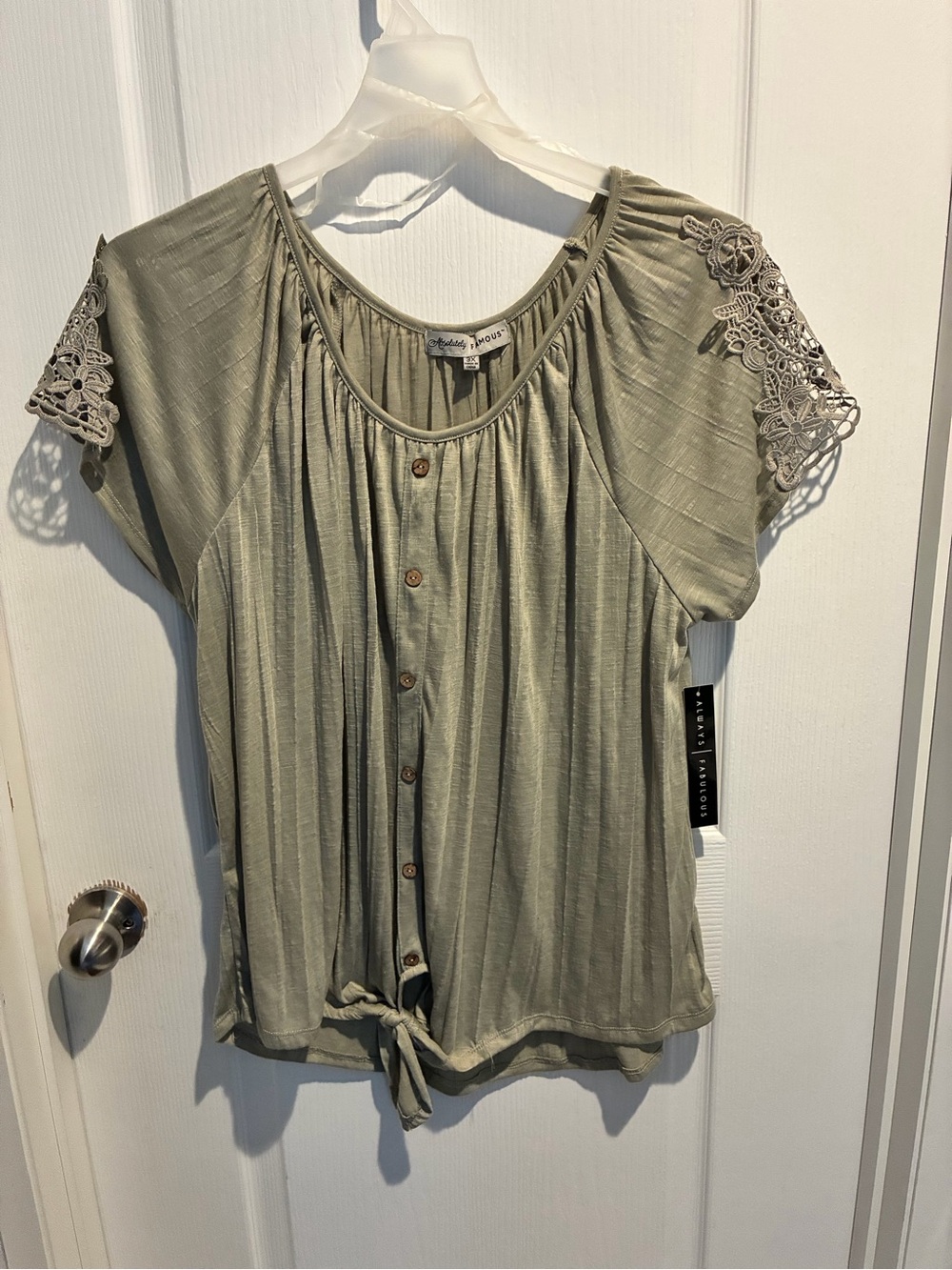 Absolutely Famous Sage Green Button-Front Tie-Hem Top with Crochet Sleeves